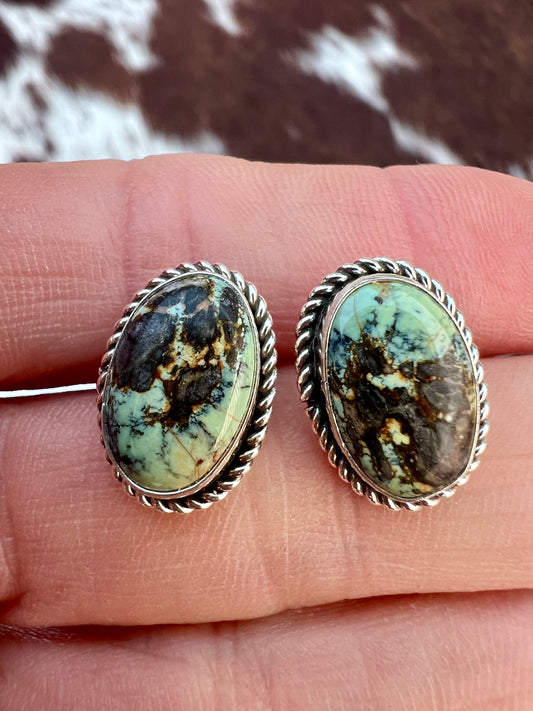 Native American Handmade Sterling & New Lander Variscite Post Earrings .6”x.4”
