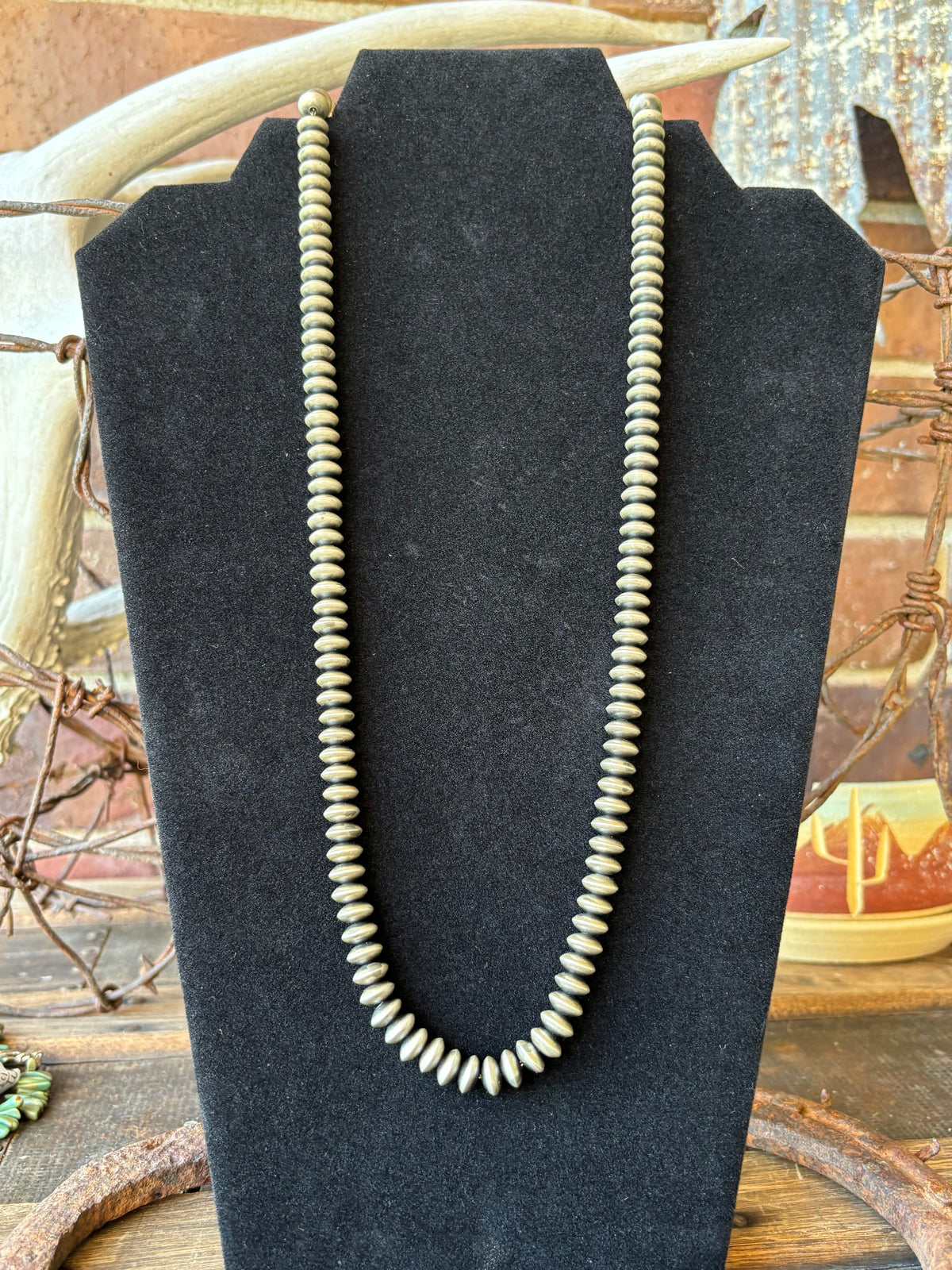 Navajo Pearls Handmade by Bryannen Halwood. Sterling Silver 8mm Saucer Bead Necklace 24”