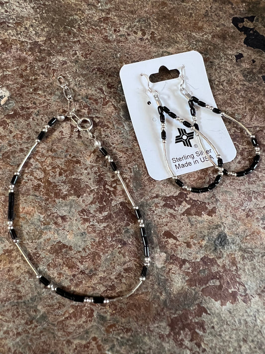 Southwest Handmade Sterling & Onyx Dangle Earrings, Wrist & Ankle Bracelet Set