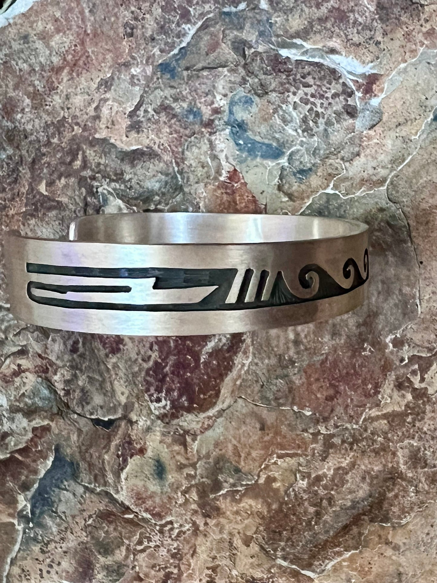 Southwest Handmade Sterling Engraved Hopi Design Courtesy Cuff Sz 7.8”