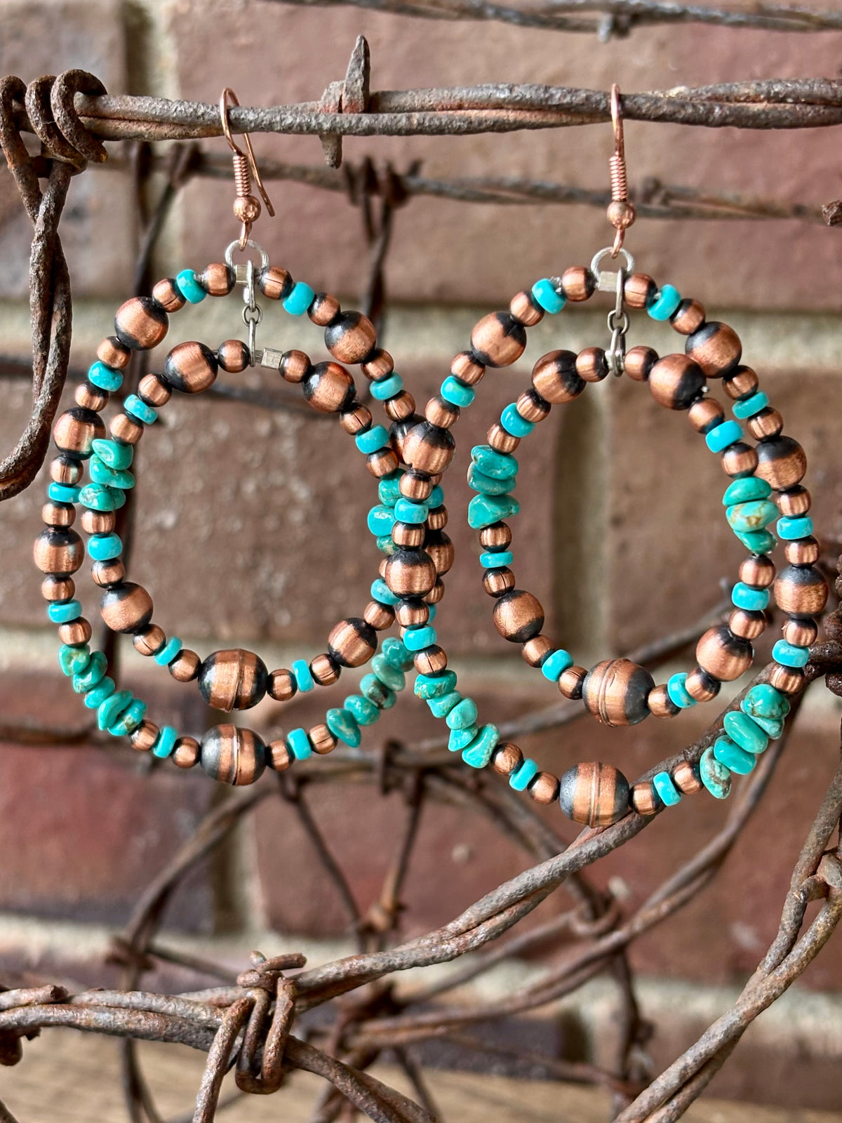 Copper & Turquoise Large Dangle Double-Hoop Earrings 3.5” long