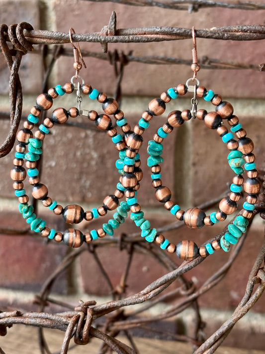 Copper & Turquoise Large Dangle Double-Hoop Earrings 3.5” long
