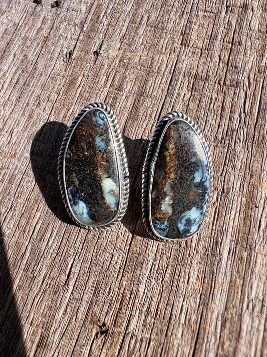 Native American Handmade Sterling & New Lander Variscite Post Earrings 1”x 1/2”