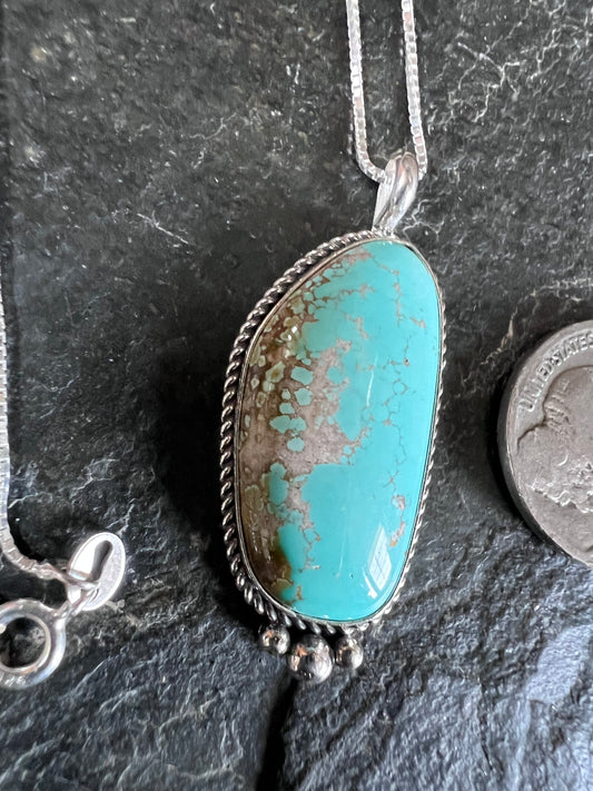 Native American Handmade Sterling & Carico Lake Turquoise Pendant(1.6” x.7”)on a Sterling Box Chain Necklace 16”