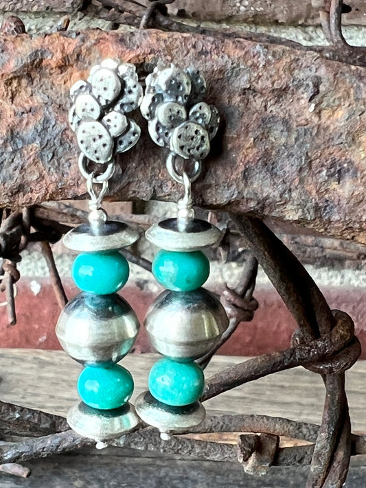 Southwest Sterling Silver & Turquoise Prickly Pear Cactus Post Dangle Earrings 1 3/4”