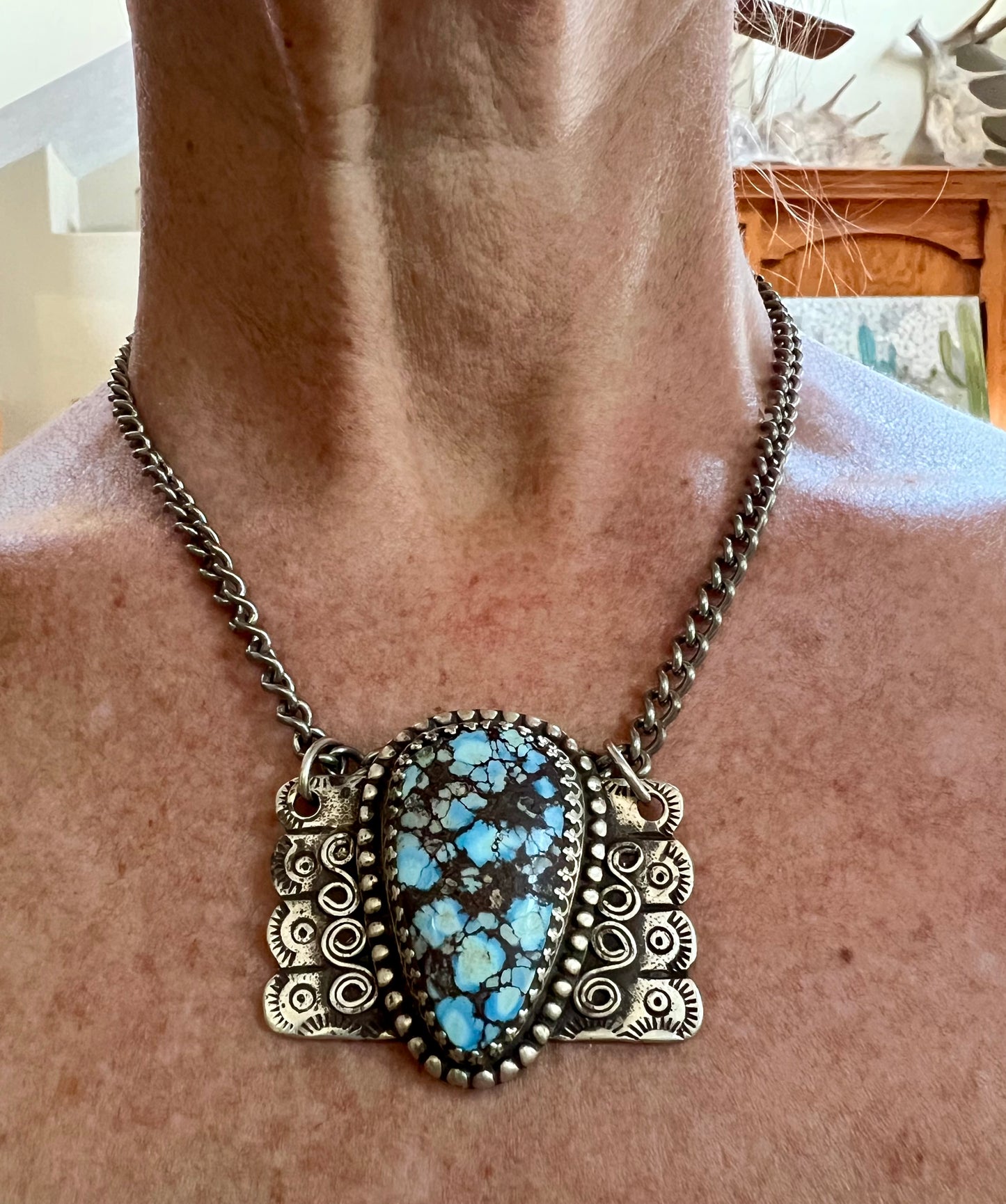 Kathy Sand’s Golden Hills Turquoise & Sterling Reversible Pendant with Cactus Design on a Heavy Sterling Chain Necklace