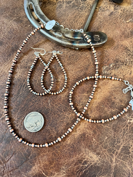 Copper & Sterling Silver 2-4mm Bead Necklace 14-16”, Bracelet 7-8” & Earrings 2.5” SET