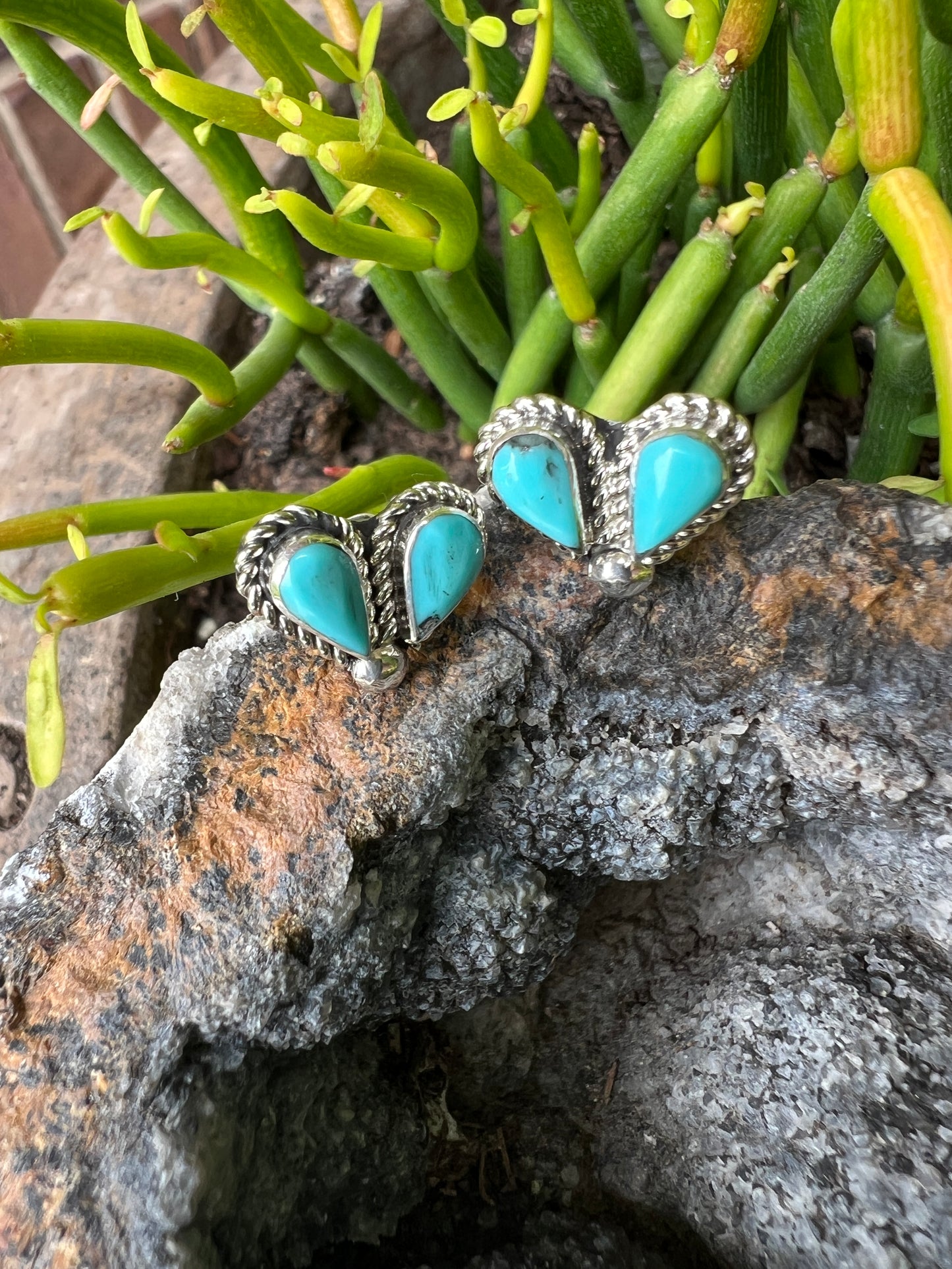 Zuni Pueblo Handmade Dainty Sterling & Turquoise 2-stone Cluster Post Earrings .5”x.40”