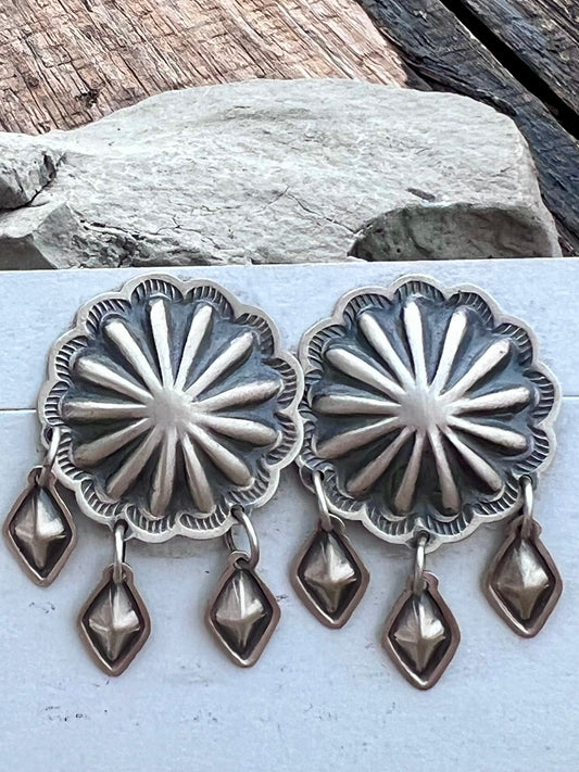 Native American Handmade Sterling Silver Concho Earrings 1.5”
