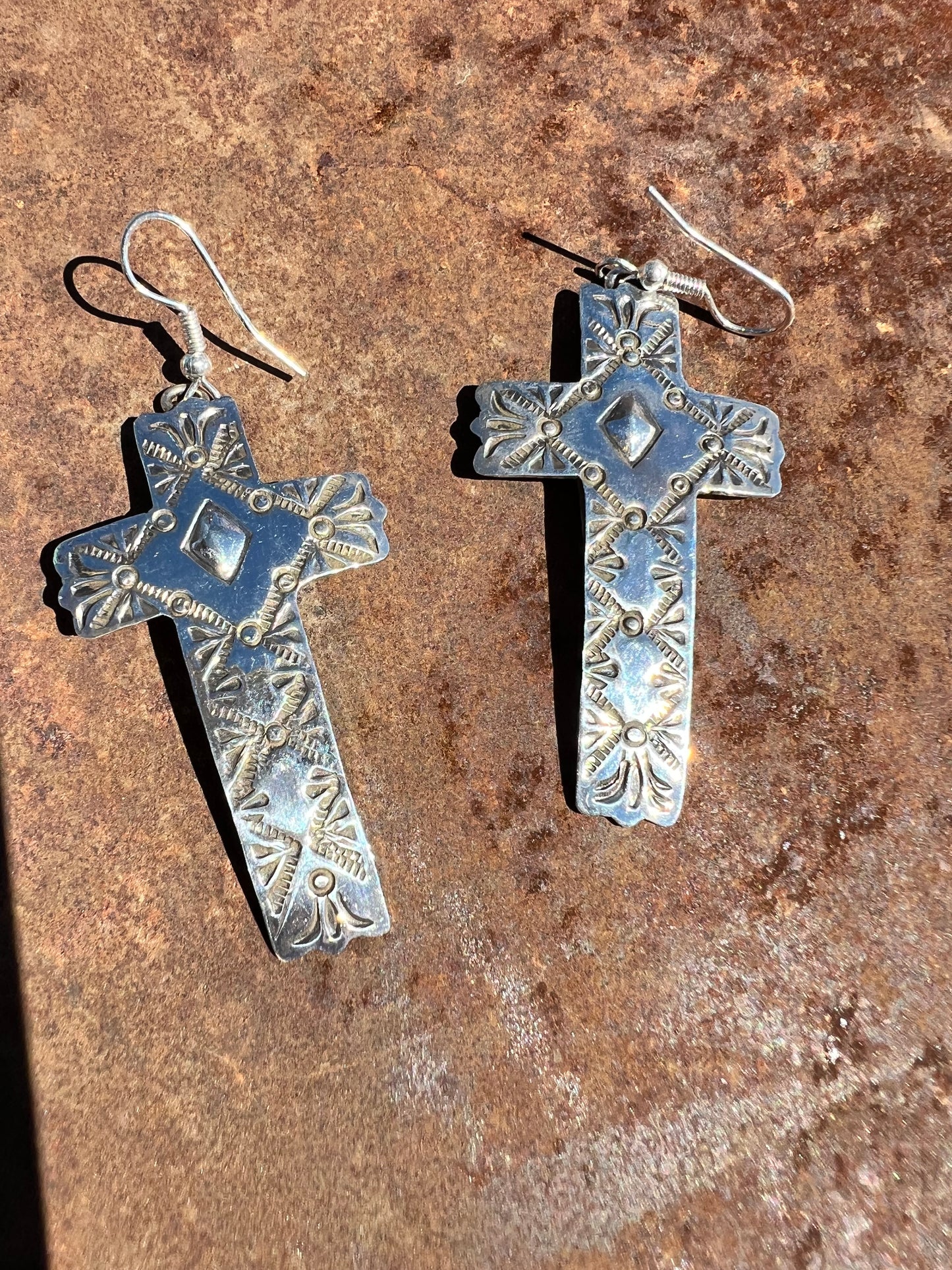 Navajo Handmade by SHAMINIKA WILLIE. Sterling Silver Stamped/Repousse Dangle Cross Earrings