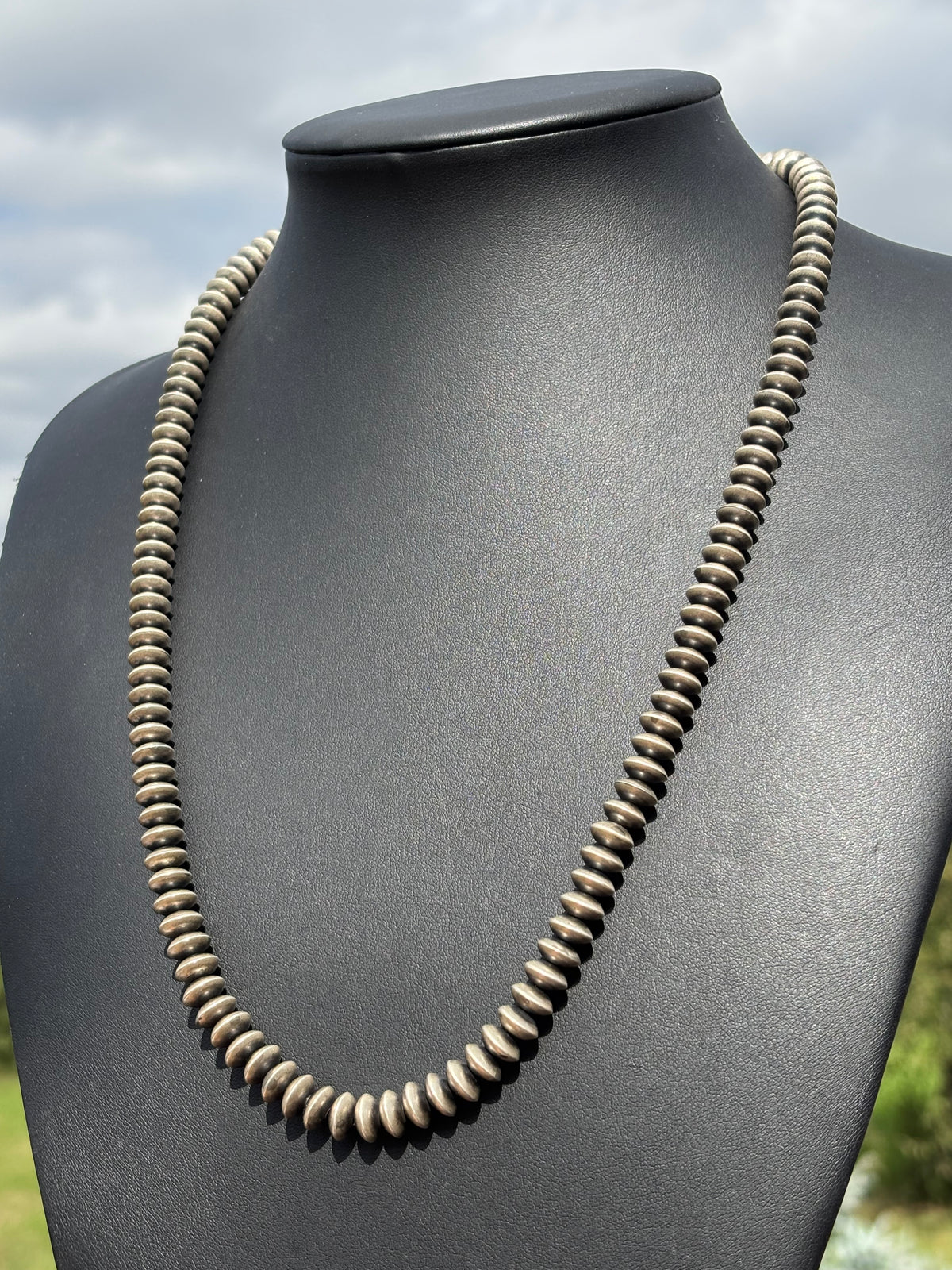 Navajo Pearls Handmade by Bryannen Halwood. Sterling Silver 8mm Saucer Bead Necklace 24”