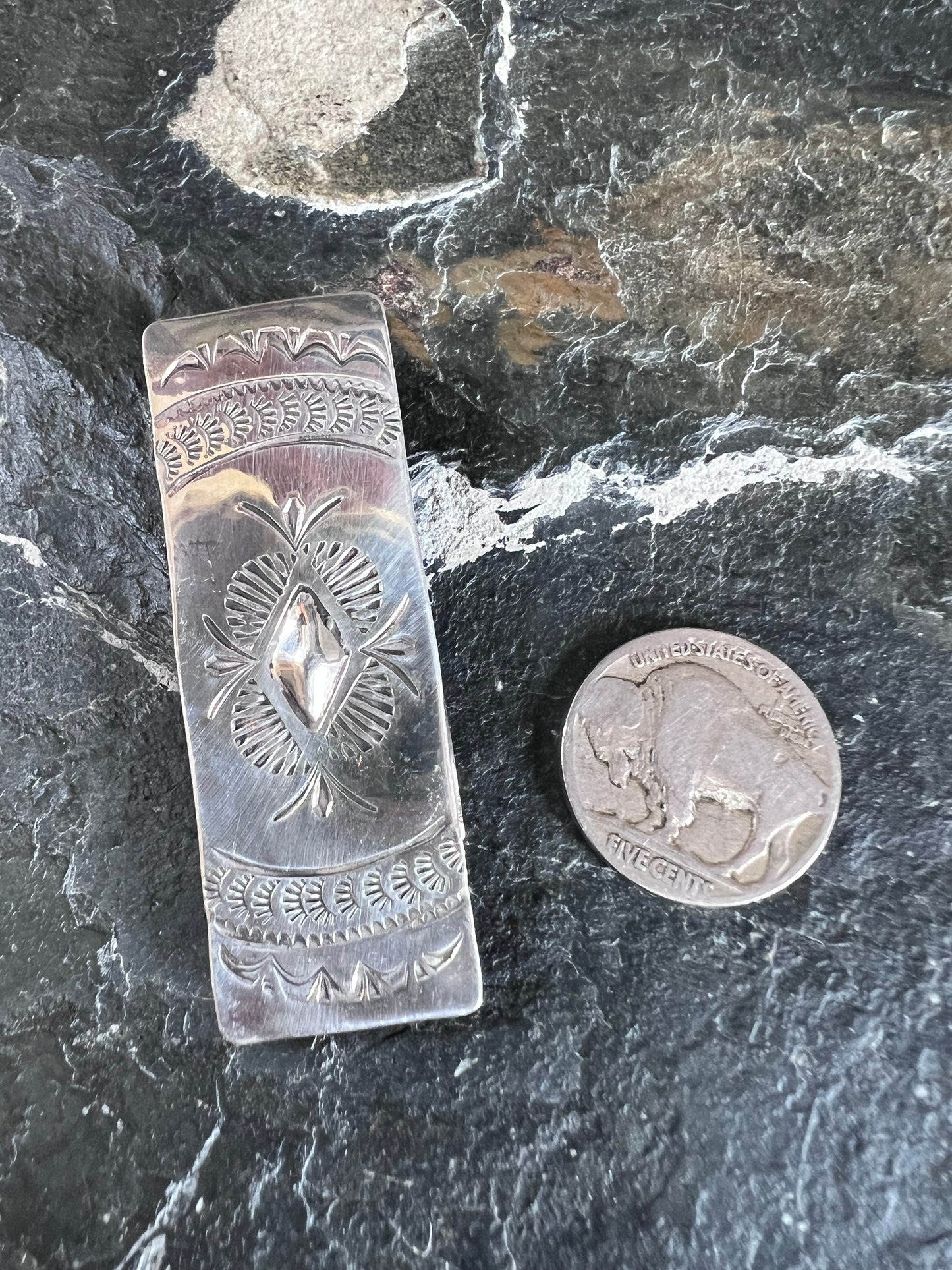 Native American Handmade by Bertha Begay- Sterling & Stainless Steel Money Clip 2 1/8”x 3/4”