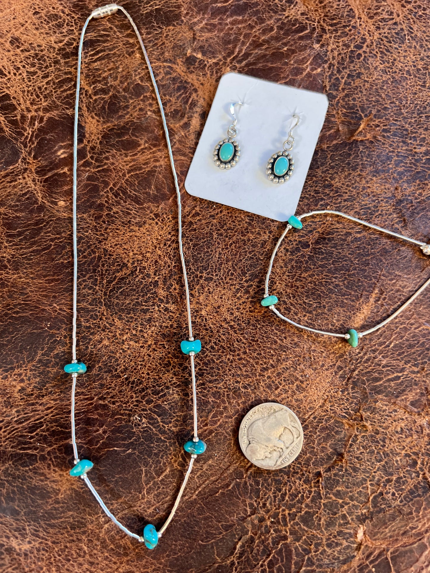 Southwest Sterling Liquid Silver & Tyrone Turquoise Necklace Nugget Necklace & Bracelet Set