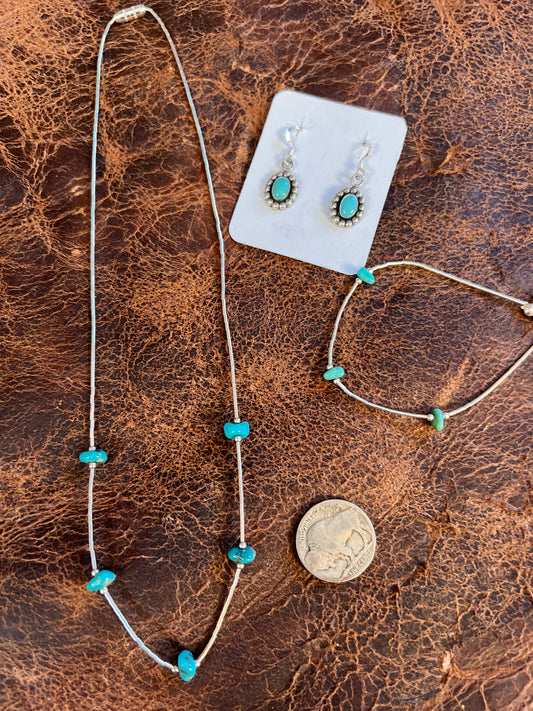 Southwest Sterling Liquid Silver & Tyrone Turquoise Necklace Nugget Necklace & Bracelet Set