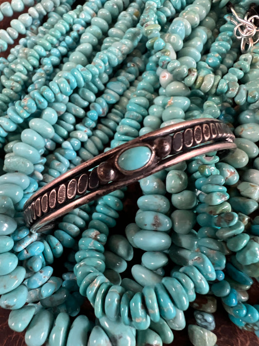 Vintage Dainty Sterling & Turquoise Cuff Bracelet Sz 5.25”
