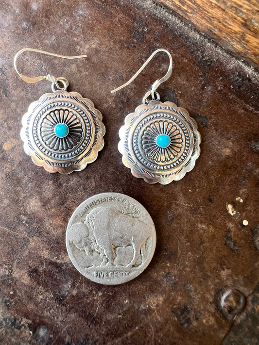 Sterling Silver & Turquoise Cncho Dangle Earrings 1 3/8”