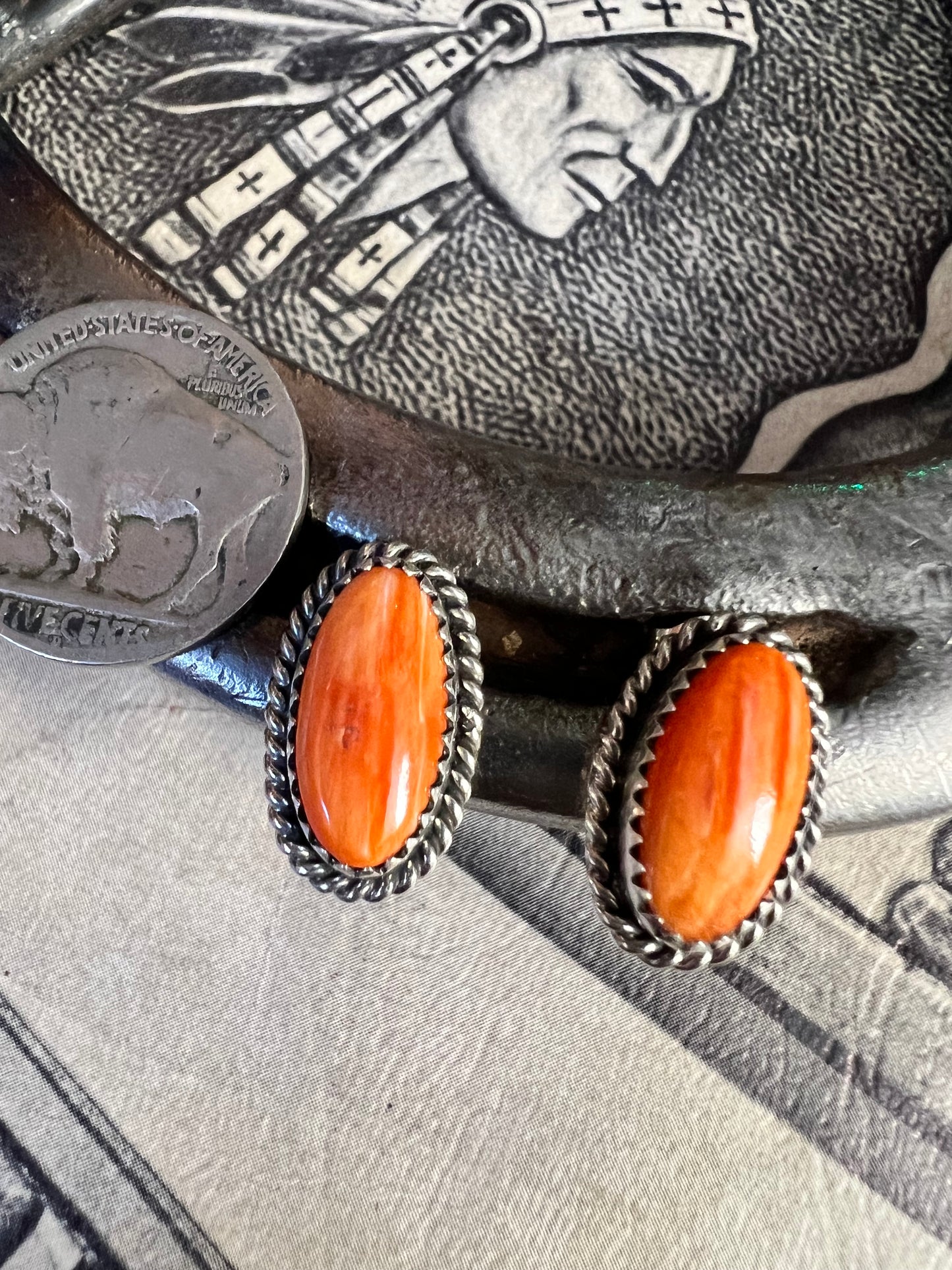 Orange Spiny Sterling Oval Post Earrings
