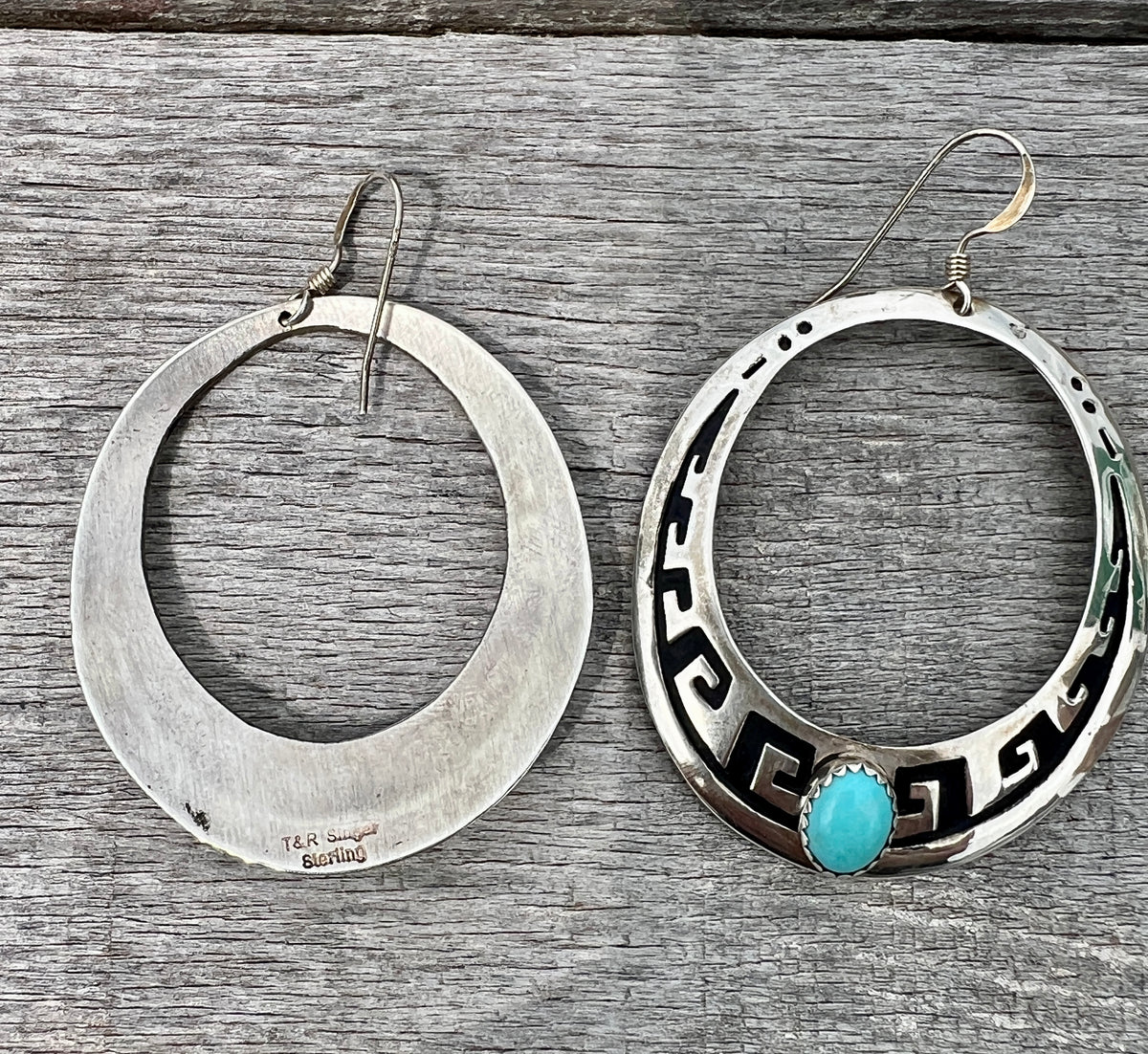 Vintage Navajo Handmade by TR Singer- Sterling & Turquoise Overlay Hoop Dangle Earrings 2”x1.4”