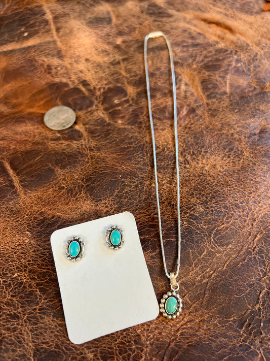 Southwest Sterling Liquid Silver Necklace & Tyrone Turquoise Pendant & Earring Set