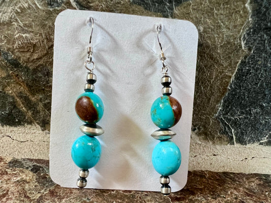 Southwest Handmade Sterling & Campitos Turquoise 3-9mm Dangle Earrings 1.8”