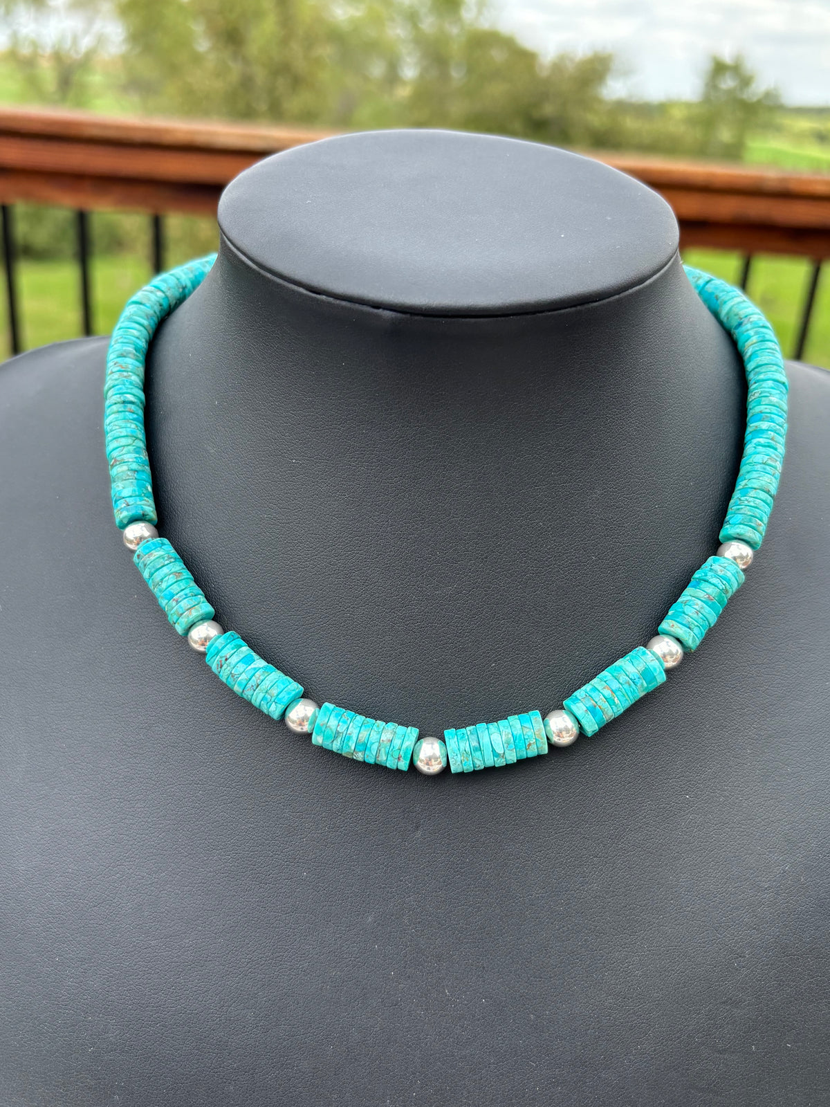 Southwest Hubei Turquoise Heishi & Sterling Silver High-shine Bead Necklace 17”