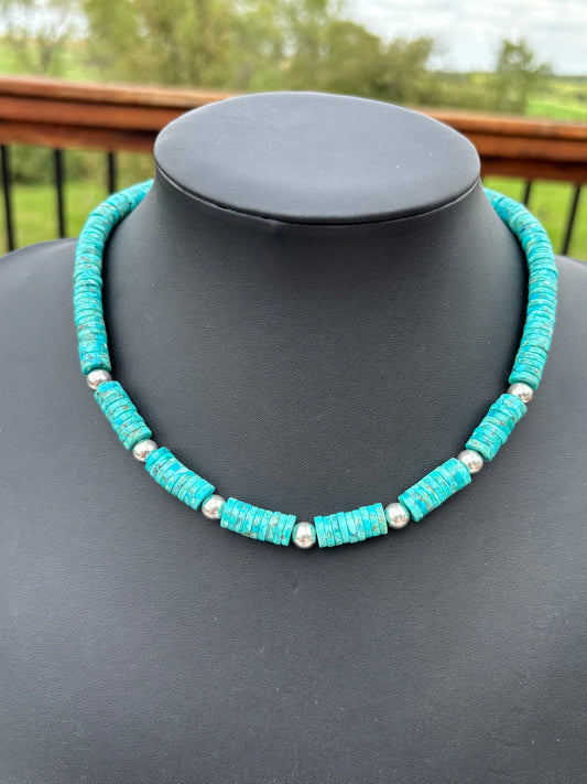 Southwest Hubei Turquoise Heishi & Sterling Silver High-shine Bead Necklace 17”