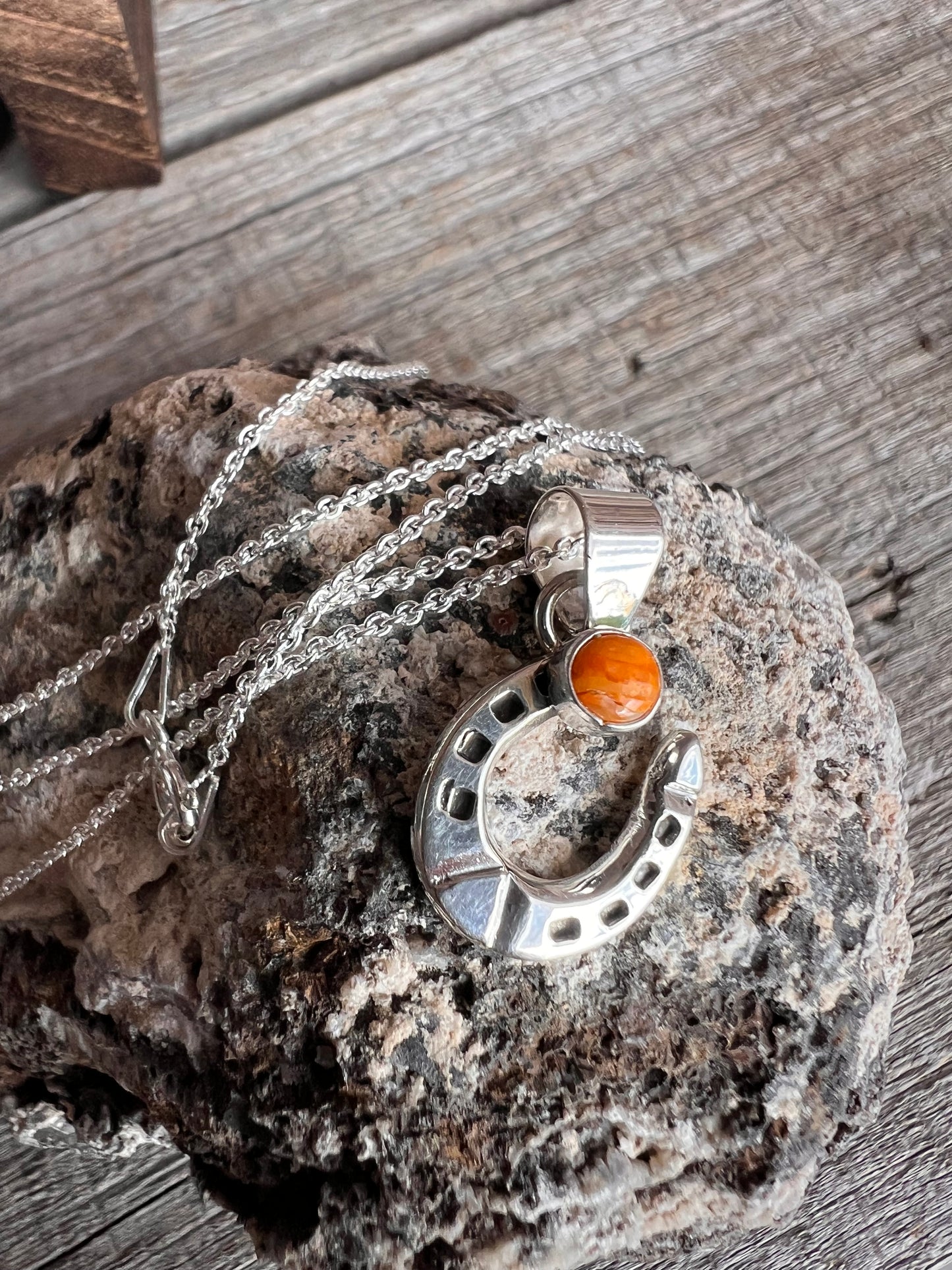 Handmade Orange Spiny Oyster Horse Shoe Pendant on a Sterling Rolo Chain Necklace 18”