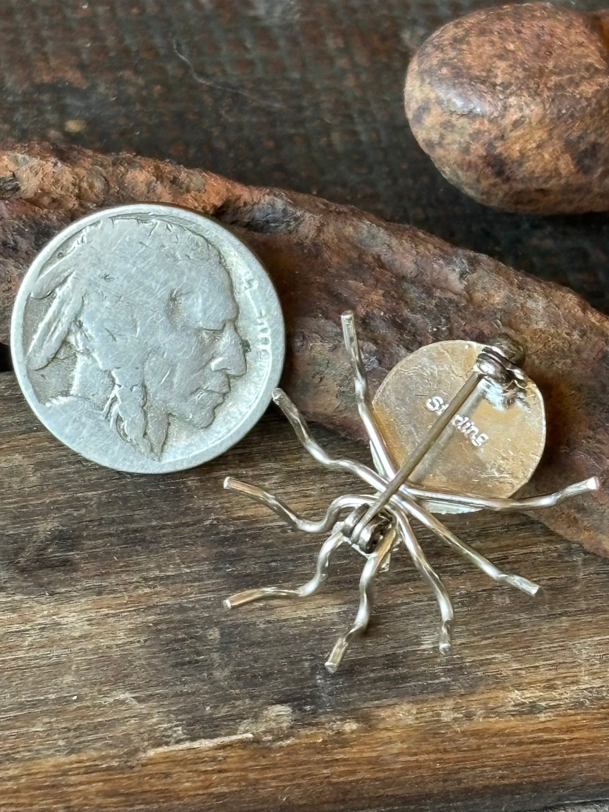 Native Handmade Golden Hills Turquoise & Sterling Silver Spider Pin/Brooch