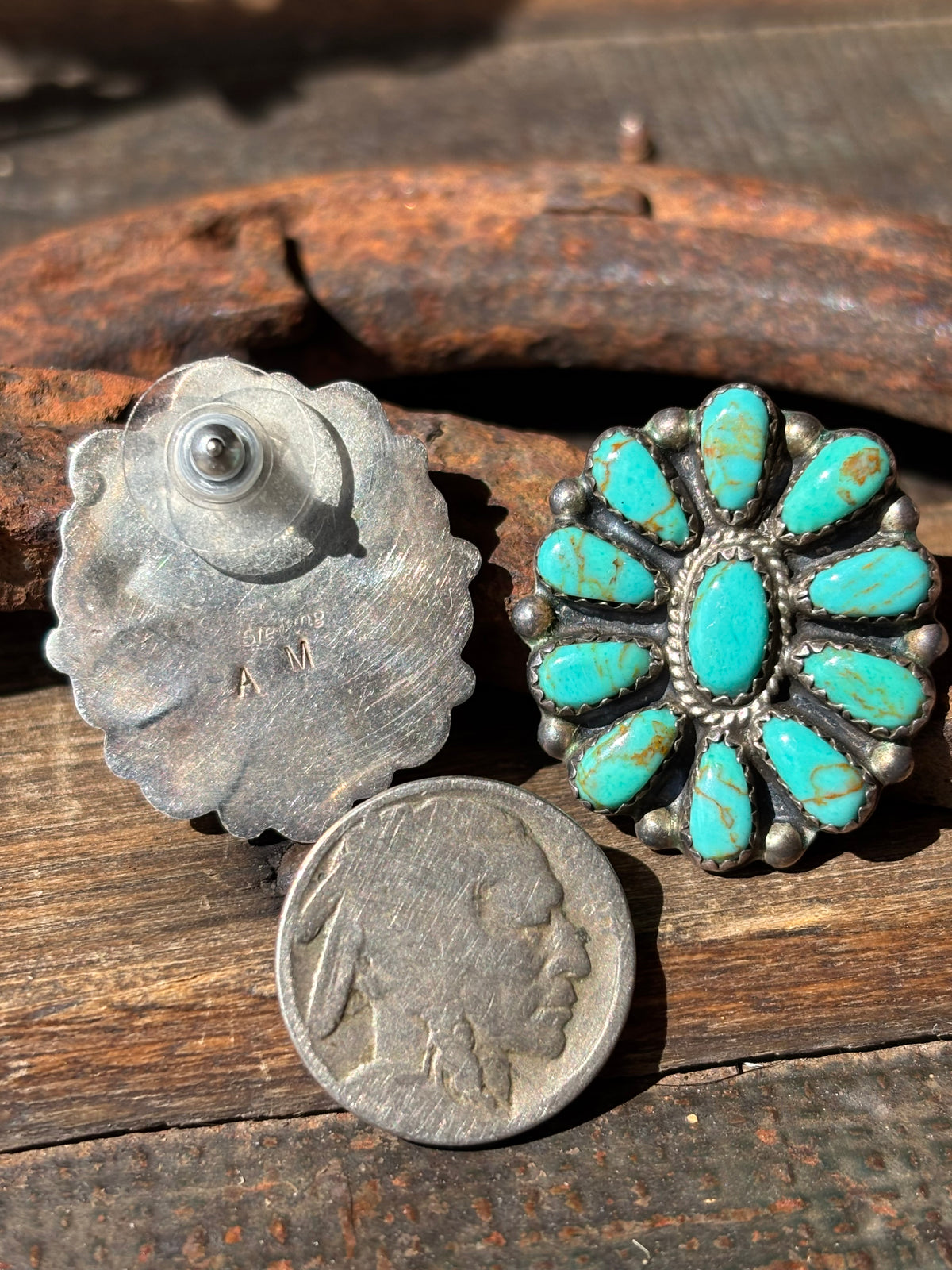 Vintage Native Handmade Sterling Silver & Kingman Turquoise Cluster Post Earrings