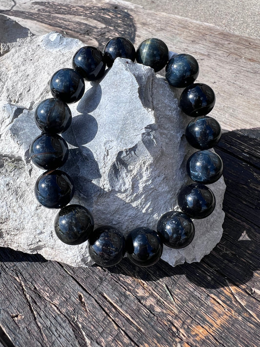 Blue Tiger Eye 12mm Bead Stretch Bracelet Sz 7”