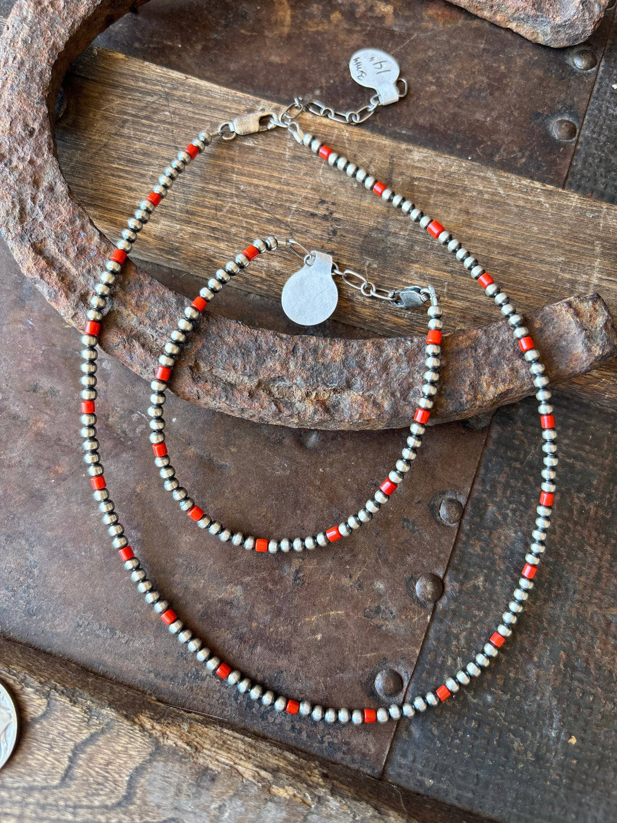 Sterling Silver & Red Coral 3mm Bead Necklace 14”-16” & Bracelet 7”-8” Set