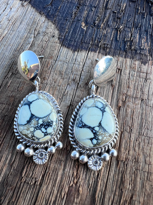 Navajo Handmade Sterling & New Lander Variscite Post Dangle Earrings 1.75”