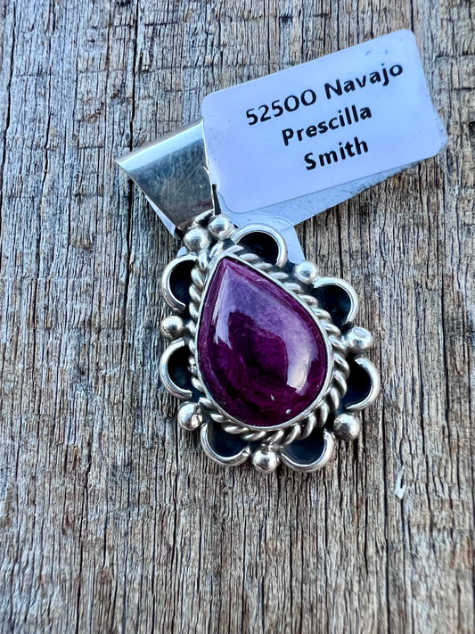 Native American Handmade by Prescilla Smith. Sterling & Purple Spiney Pendant 1.25”