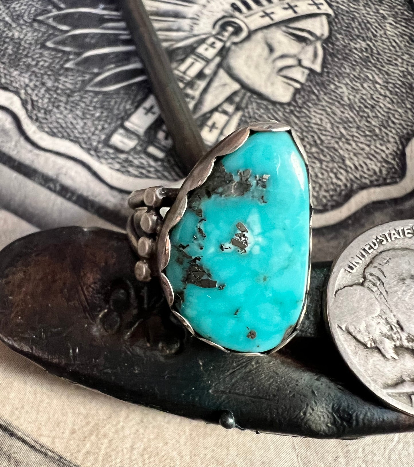 Navajo Handmade Campitos Turquoise & Sterling Ring Sz. 6