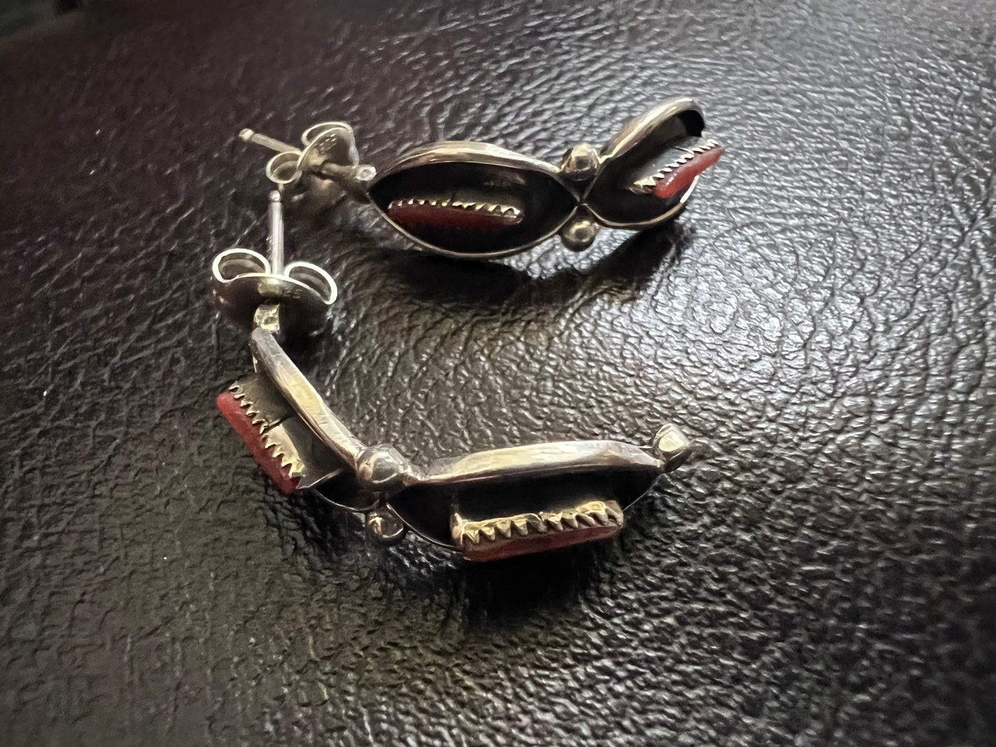 Native Navajo Handmade Red Mediterranean Coral & Sterling Half-hoop Post Earrings 3/4”