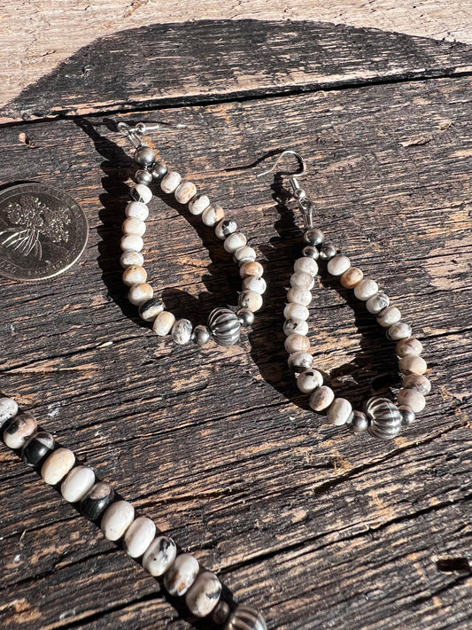 White Buffalo 4mm Rondelle  Beads & Sterling Silver 8mm Corrugated Bead Earrings 3β Length