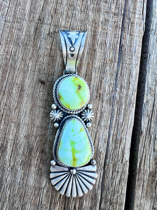 Native American Handmade by D. Benally Sterling & Palomino Variscite 2-Stone Pendant 3”