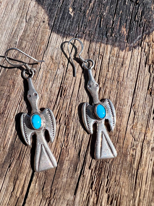 Vintage Native American Handmade Sterling & Turquoise Thunderbird Dangles 2.5”