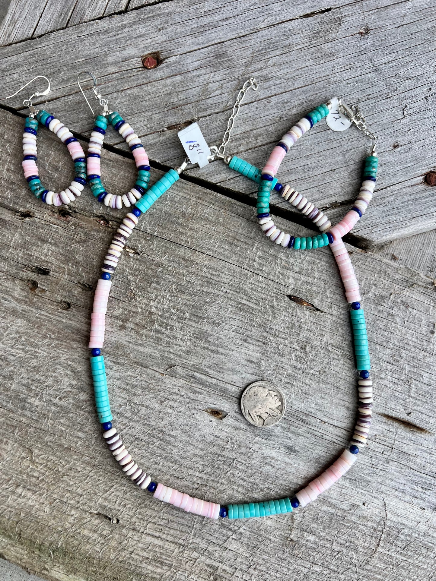 Lapis, Pink Conch, Turquoise, Wampum w/ Sterling Bracelet, Necklace & Earring Set