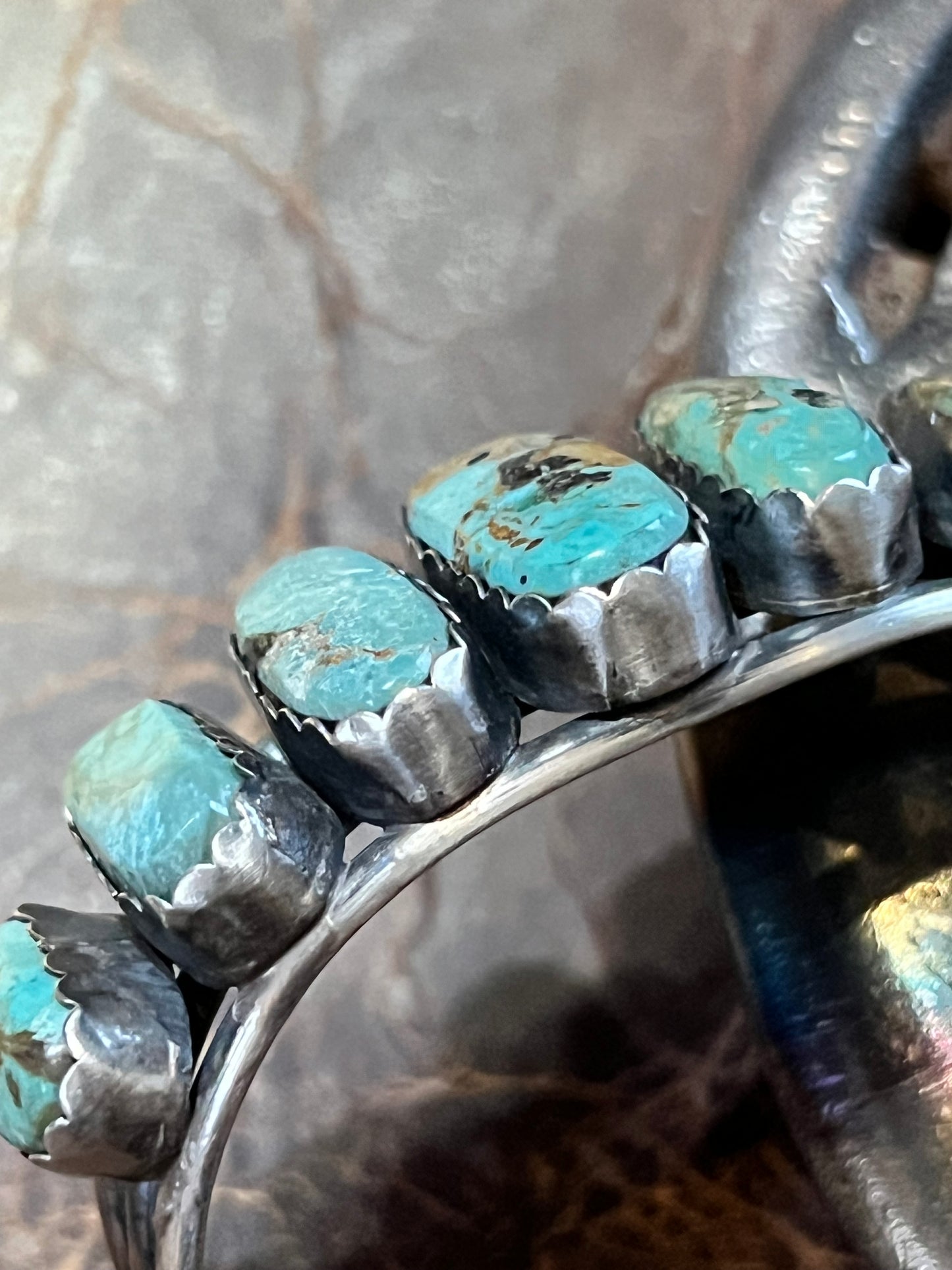 Navajo Handmade Sterling Silver & Kingman Turquoise 7-stone Cuff Bracelet