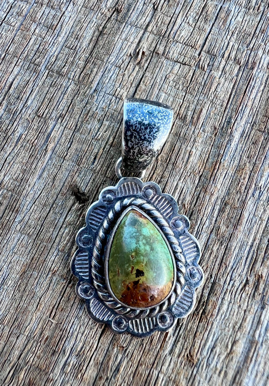 Vintage Native American Handmade Sterling & Royston Turquoise Pendant 1.5”