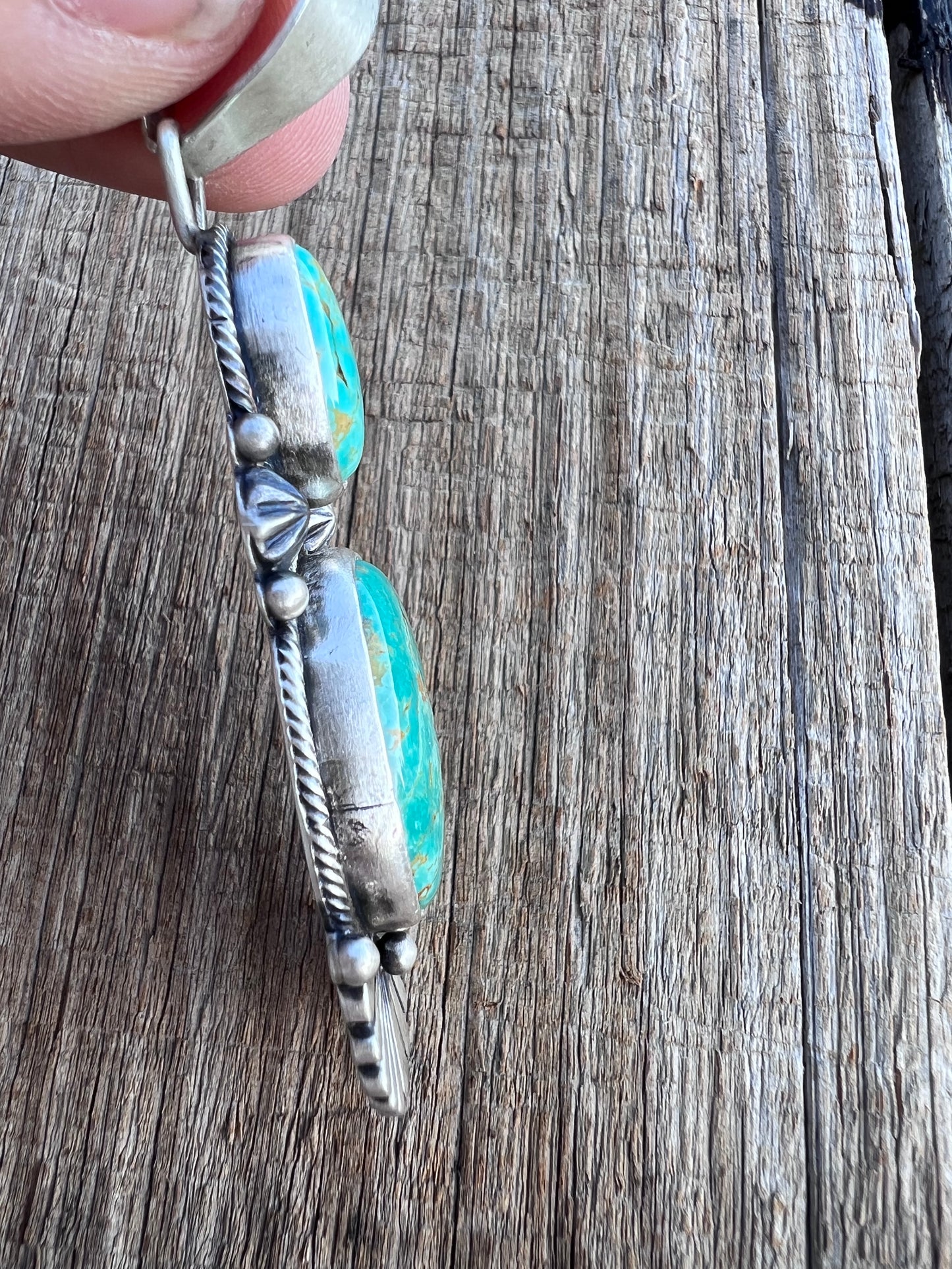 Native American Handmade by D. Benally. Sterling & Carico Lake Turquoise Pendant 3” w/ bale
