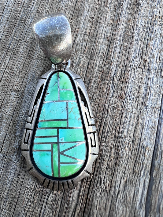 Native American Handmade by Ryan Sanchez- Sterling & Turquoise Inlaid Pendant 2.25”