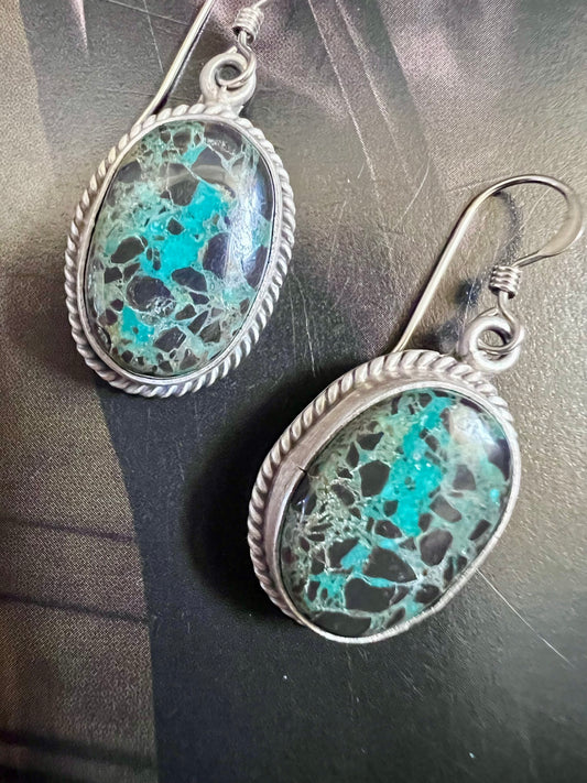 Native American Navajo Handmade Sterling & Carico Lake Turquoise Dangle Earrings 1.5”