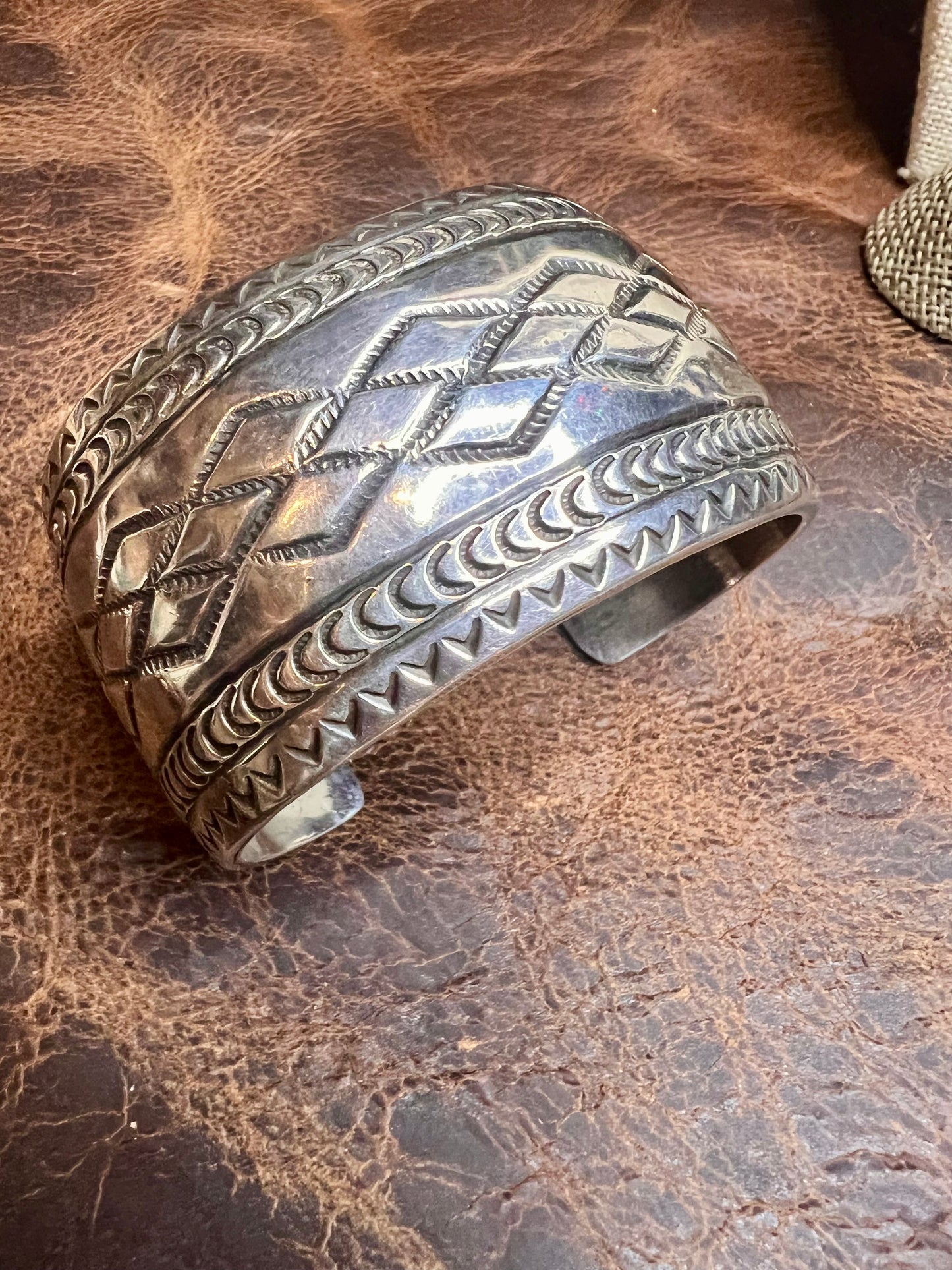 Vintage Heavy Navajo Handmade Sterling Silver Stamped Cuff Bracelet