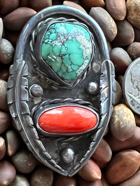 Vintage Navajo Handmade Green Turquoise, Mediterranean Coral & Sterling Silver Pendant