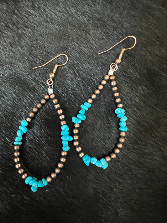 Genuine Copper Bead (3mm) & Sleeping Beauty Turquoise Hoop Dangle Earrings 2 3/4”
