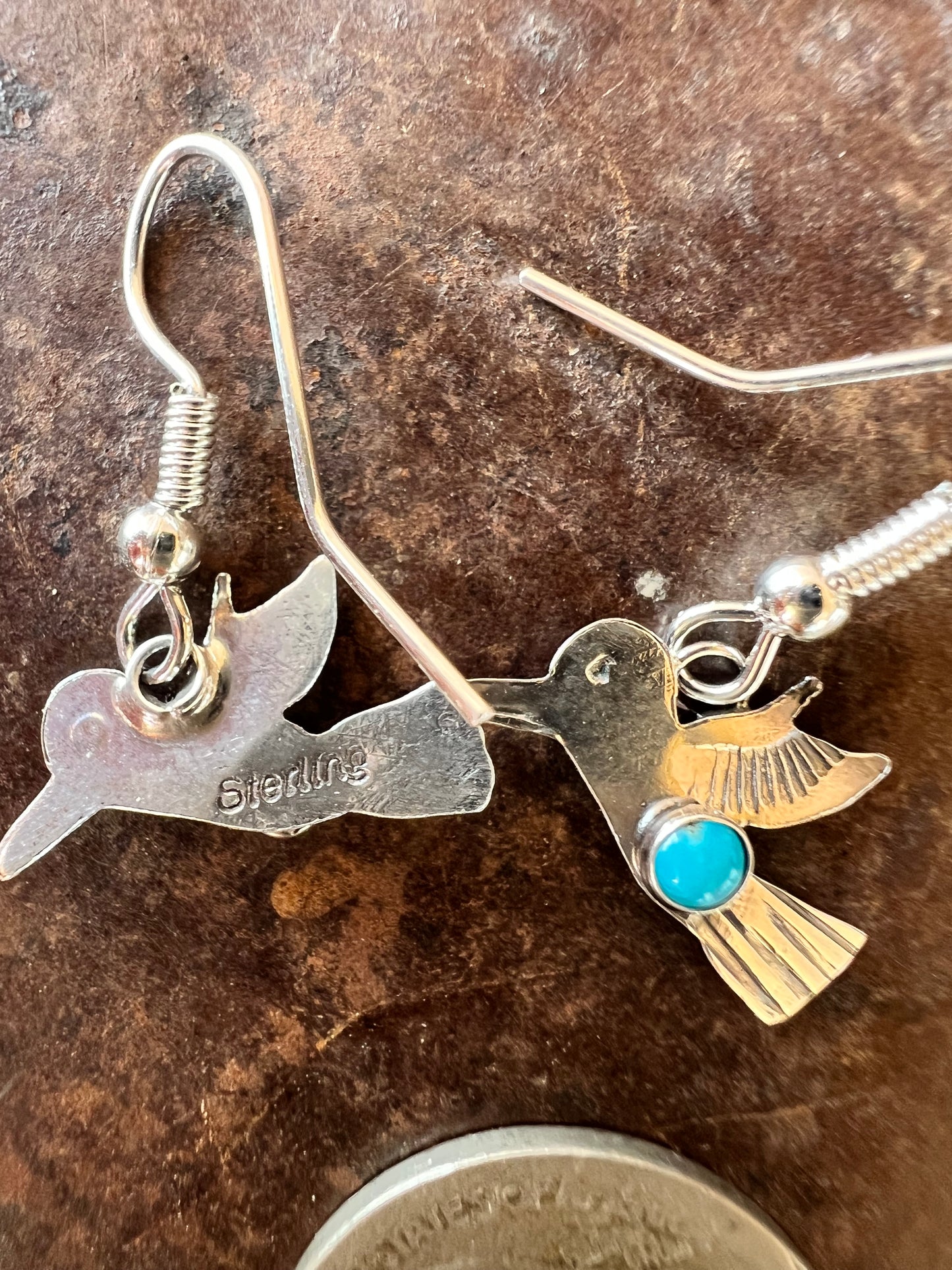 Dainty Handmade by Lucille Platero (Navajo) Turquoise & Sterling Silver Hummingbird Earrings 1.25” Length