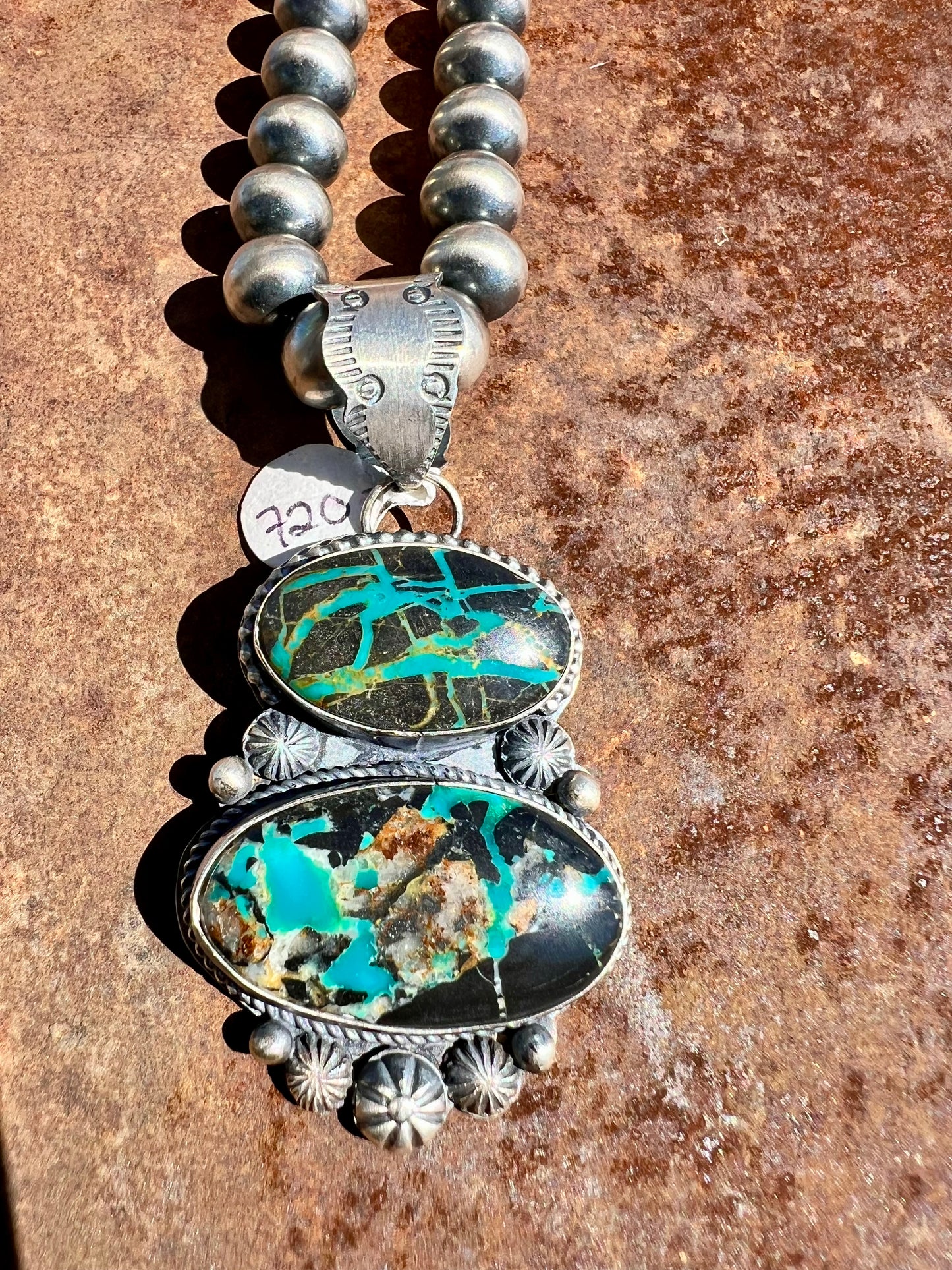 GORGEOUS Navajo Handmade Blackjack Turquoise 2-stone Pendant by Tawney Willie.