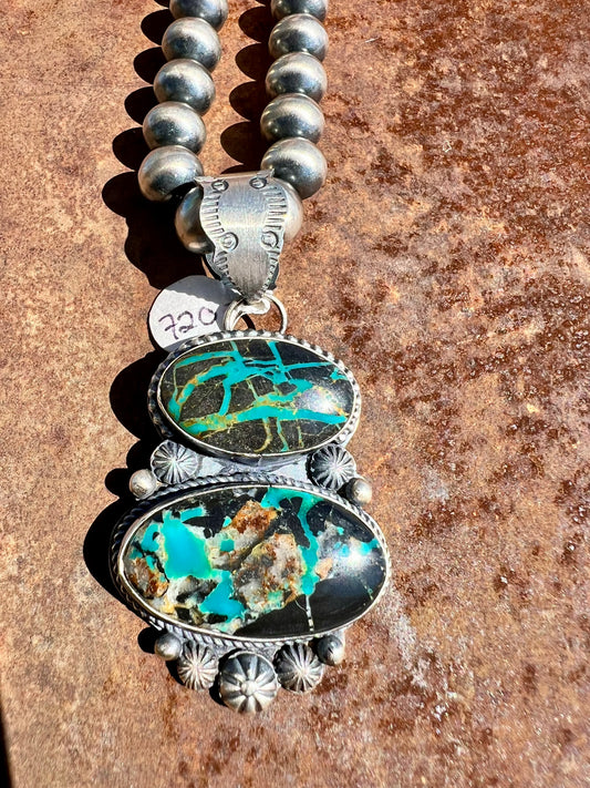GORGEOUS Navajo Handmade Blackjack Turquoise 2-stone Pendant by Tawney Willie.